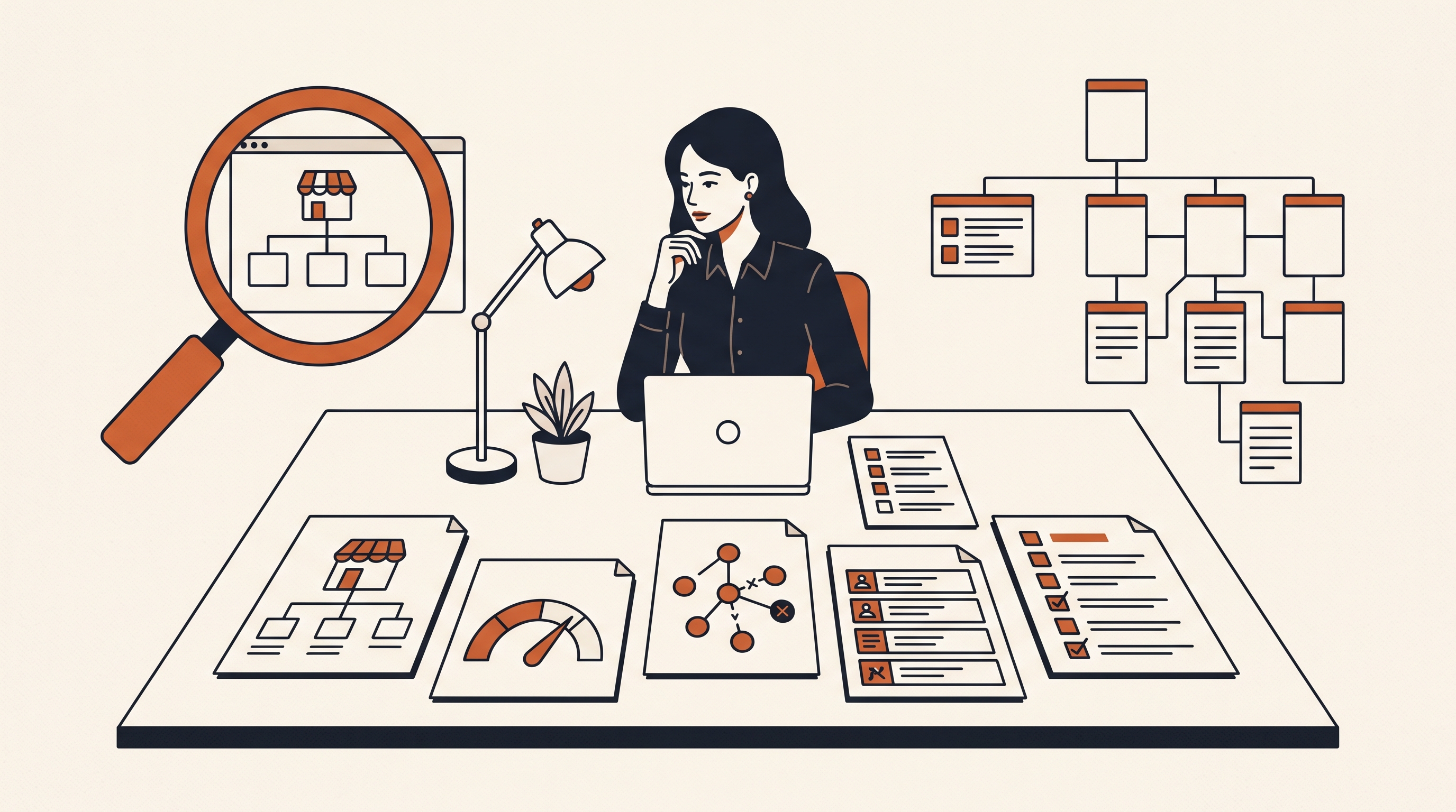 An ecommerce operator comparing website audit reports beside a storefront page map and a prioritized fix checklist