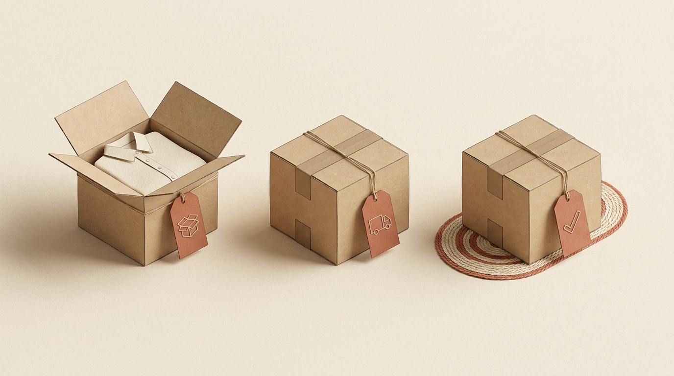 Three kraft parcels in a row on a warm cream surface: an open box with a folded shirt, a sealed box with a truck tag, and a sealed box on a doormat with a check-mark tag.