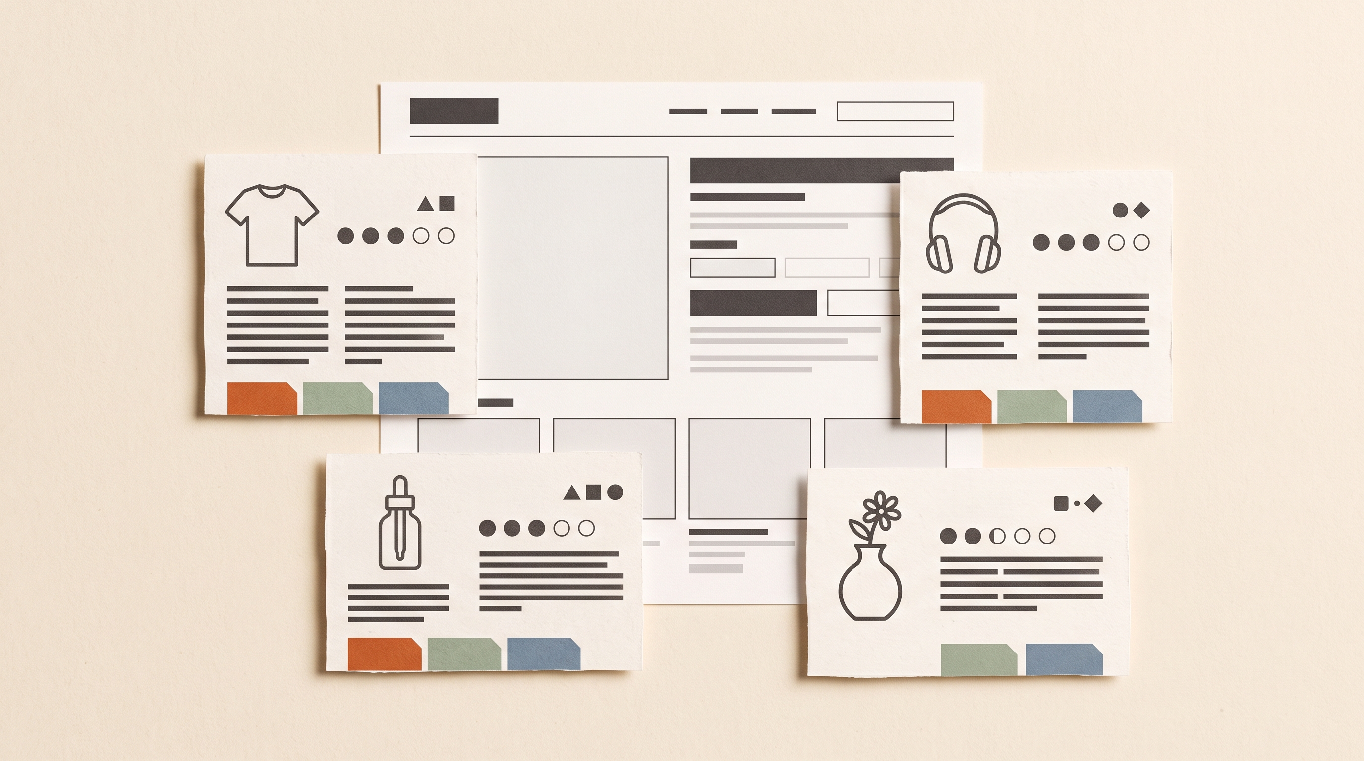 Four illustrated product review cards for apparel, skincare, electronics, and home goods arranged around a product page wireframe