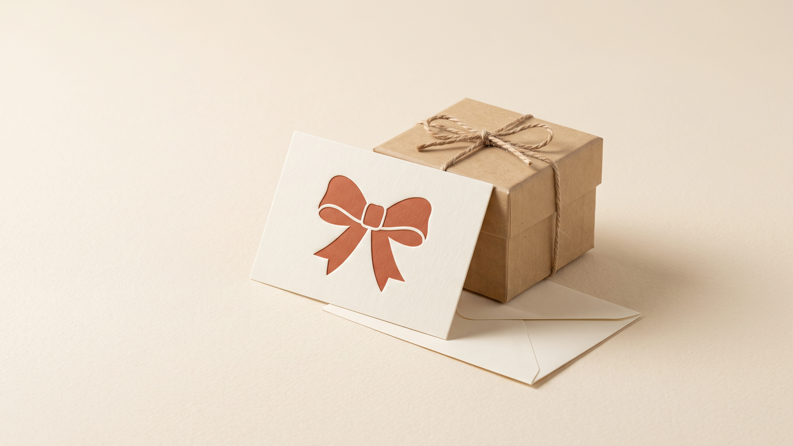 An ivory gift card with a terracotta bow symbol leans against a kraft gift box beside a plain envelope on a cream tabletop.