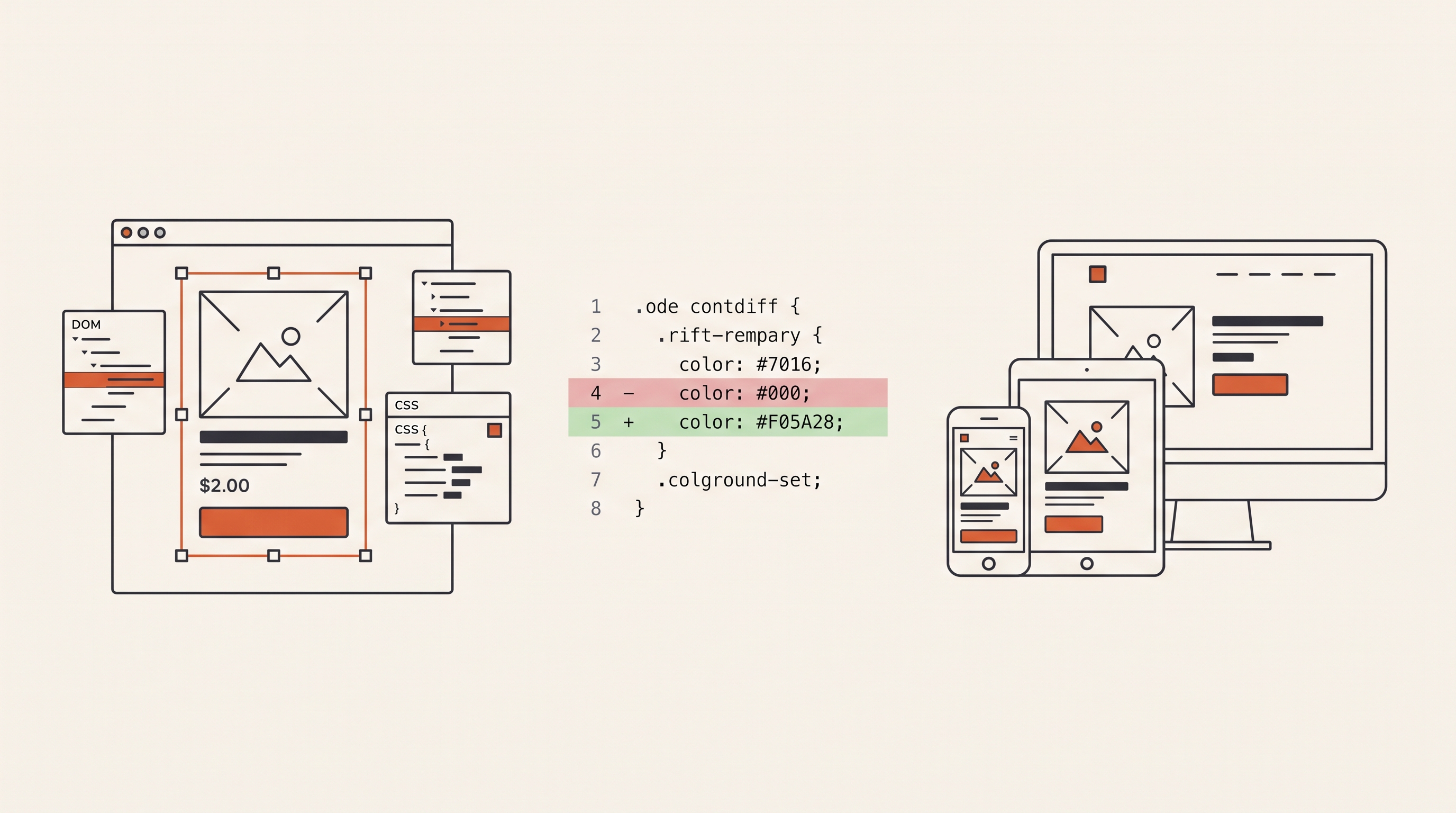 A browser inspector highlighting a storefront product card beside a source-code diff and responsive preview frames