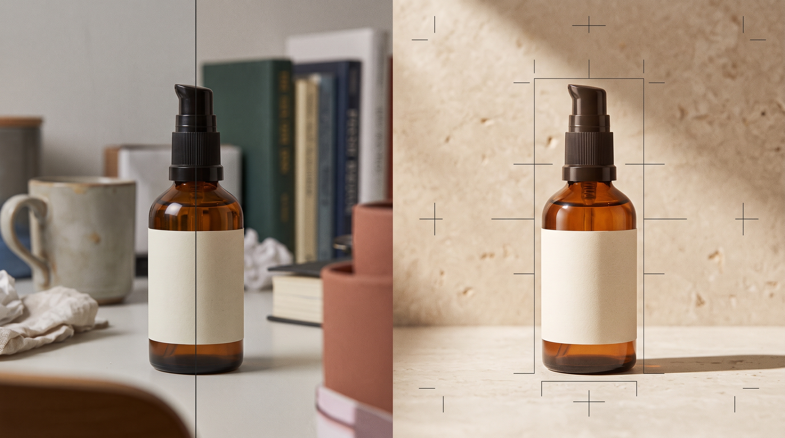A product bottle shown between its original tabletop photo and a new warm studio background on an editorial image-review board