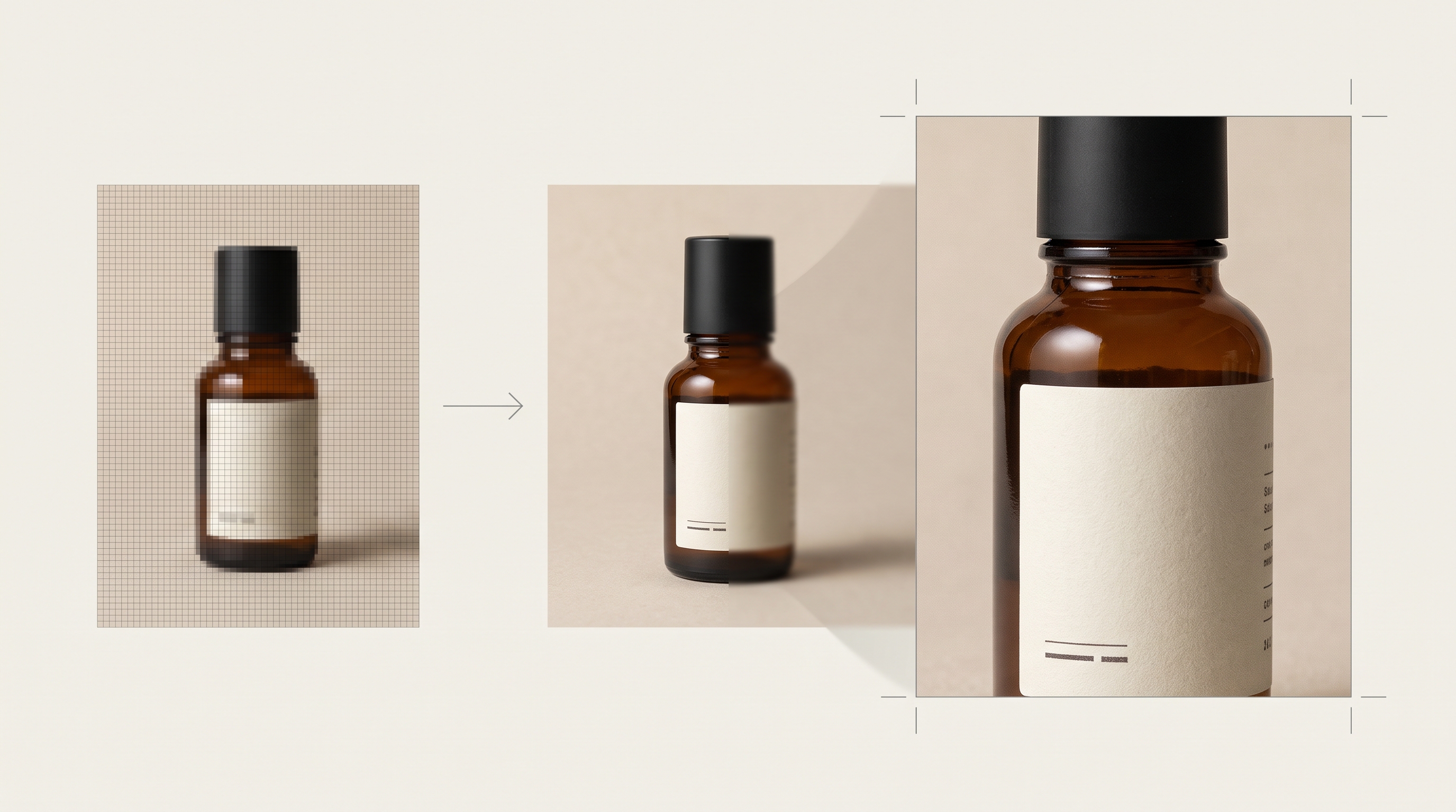 A product bottle shown beside a larger pixel grid and a magnified label review on an image editing canvas