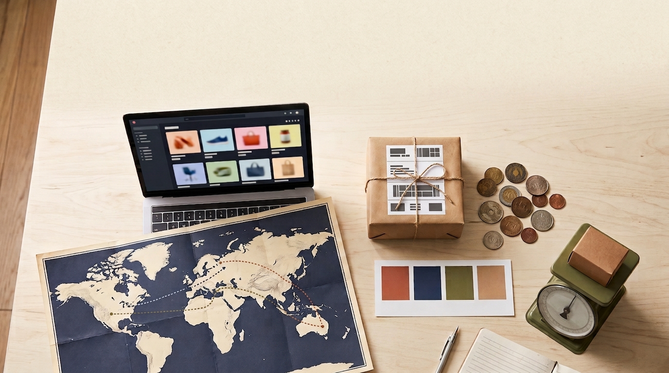 A laptop storefront, world map with shipping routes, parcel, mixed coins, color swatches, and shipping scale on a light wood table