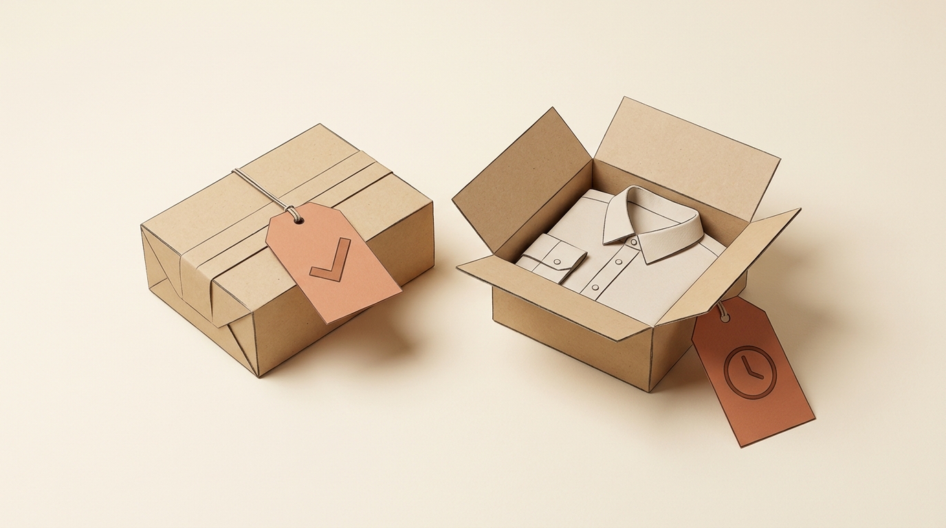 A sealed kraft parcel with a check-mark tag sits beside an open parcel containing a folded shirt and a clock tag on a warm cream tabletop.