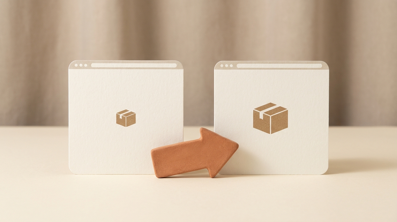 Two ivory browser cards showing kraft parcels are connected by a terracotta arrow on a warm cream tabletop.