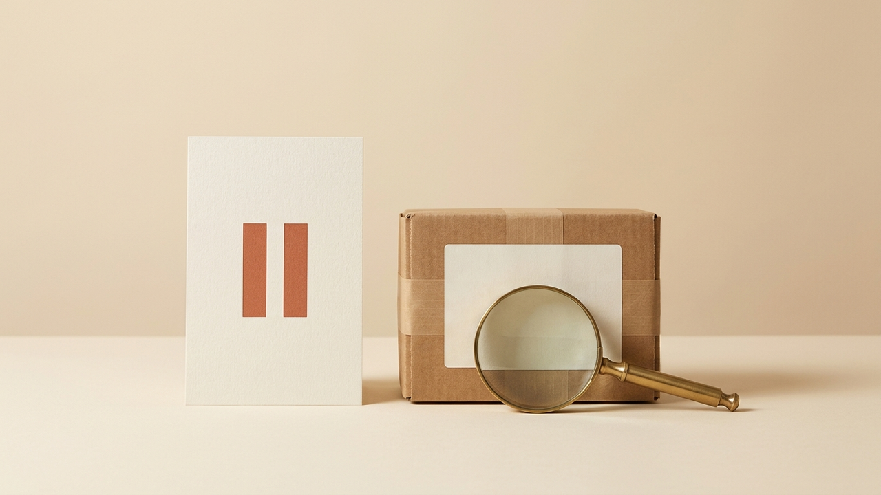 A kraft parcel with a blank shipping tag sits beside an ivory pause-symbol card and a brass magnifying glass on a warm cream tabletop.