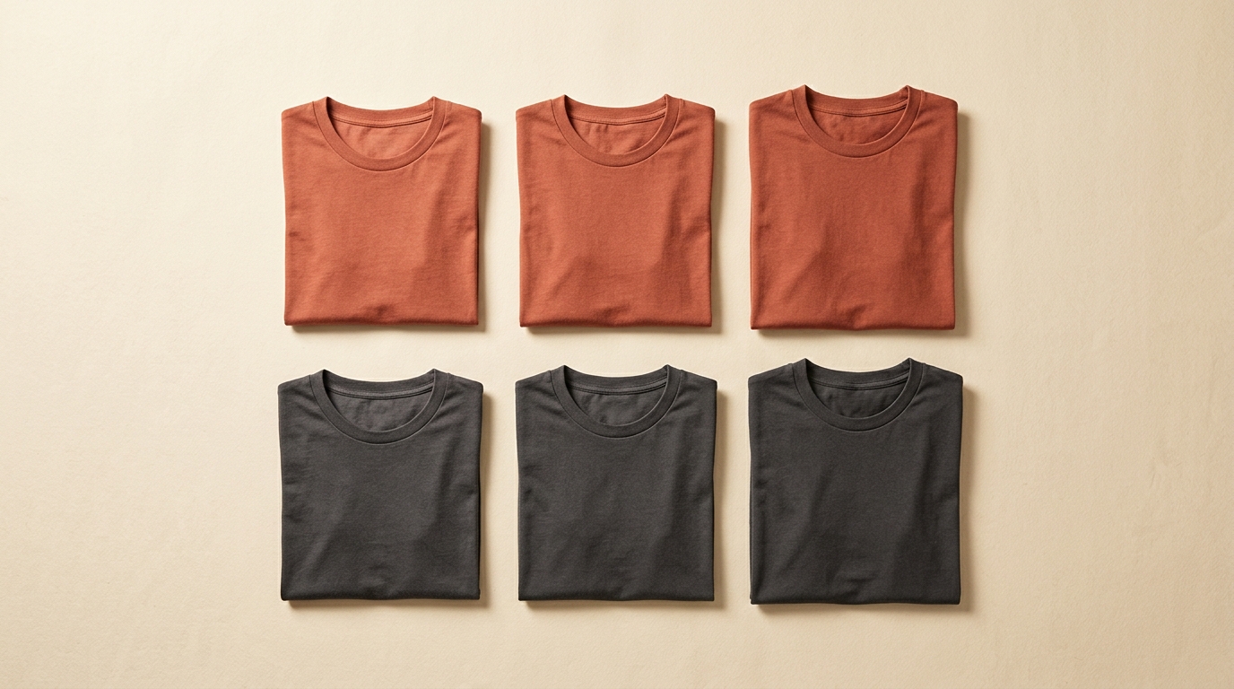 Six folded T-shirts in terracotta and charcoal form a color-and-size grid on a warm cream tabletop.