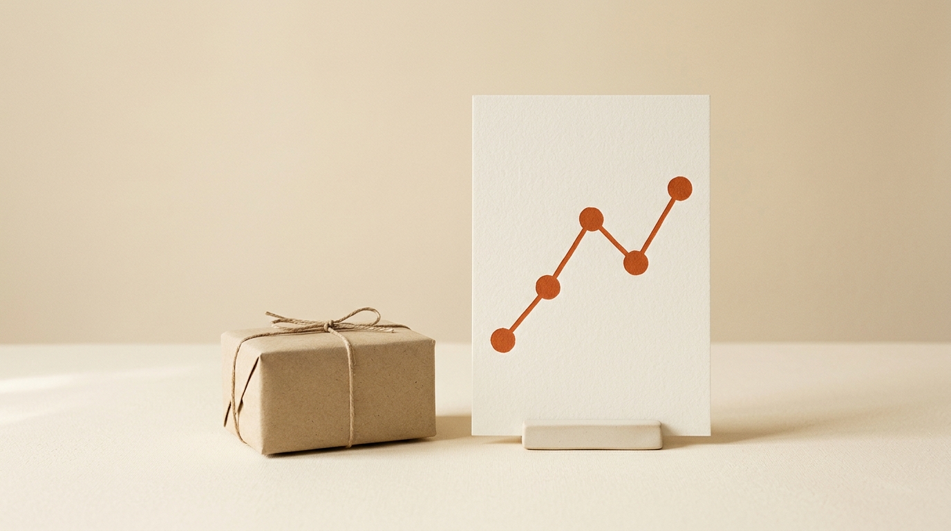 A kraft parcel sits beside an ivory card with a terracotta line chart on a warm cream tabletop.