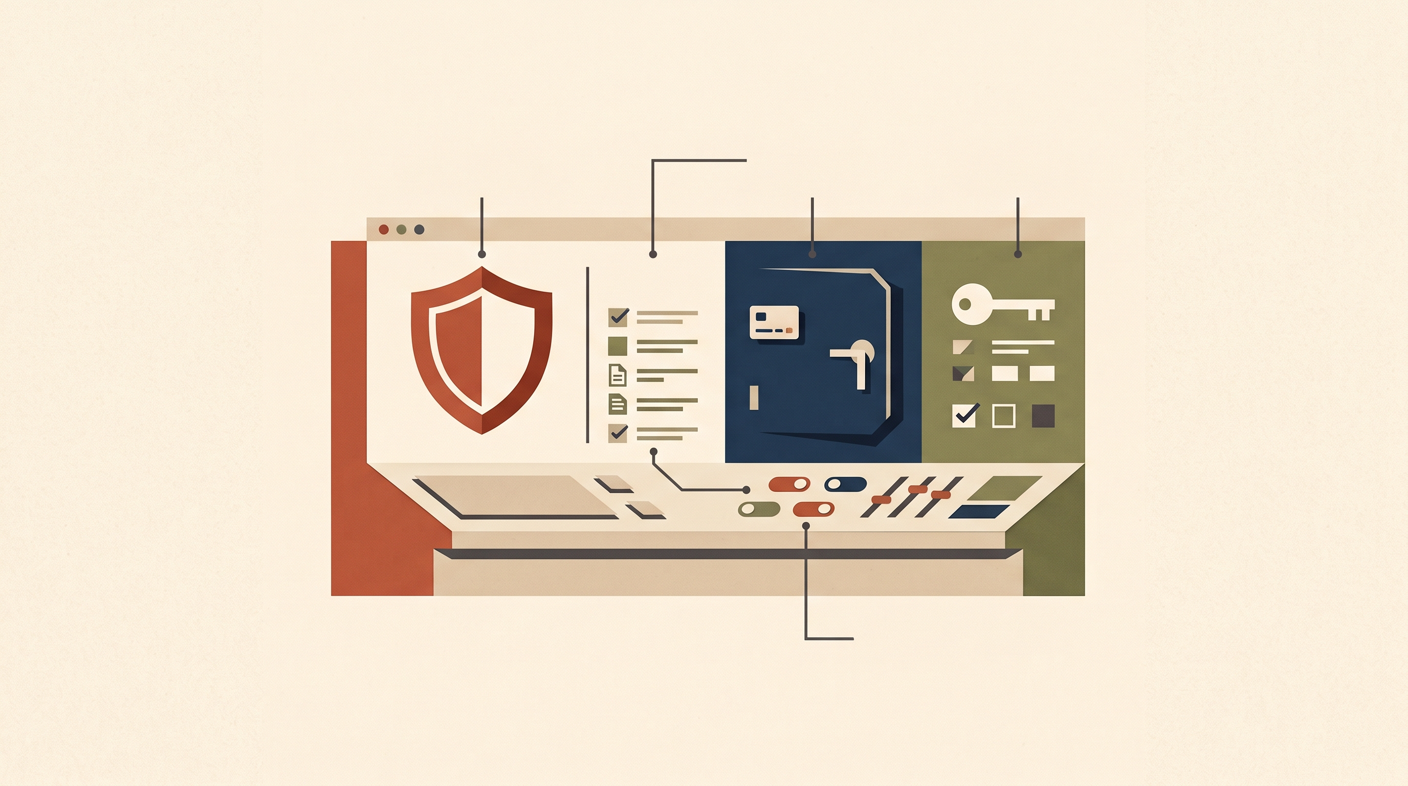 An editorial illustration of a storefront security control desk with separate shield, payment vault, and admin access panels