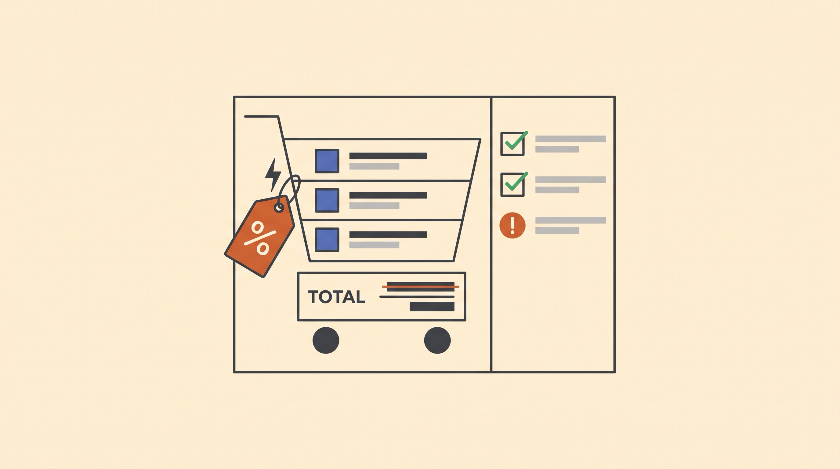 A cart with a percent tag attached automatically and a struck-through total beside a short pre-launch checklist