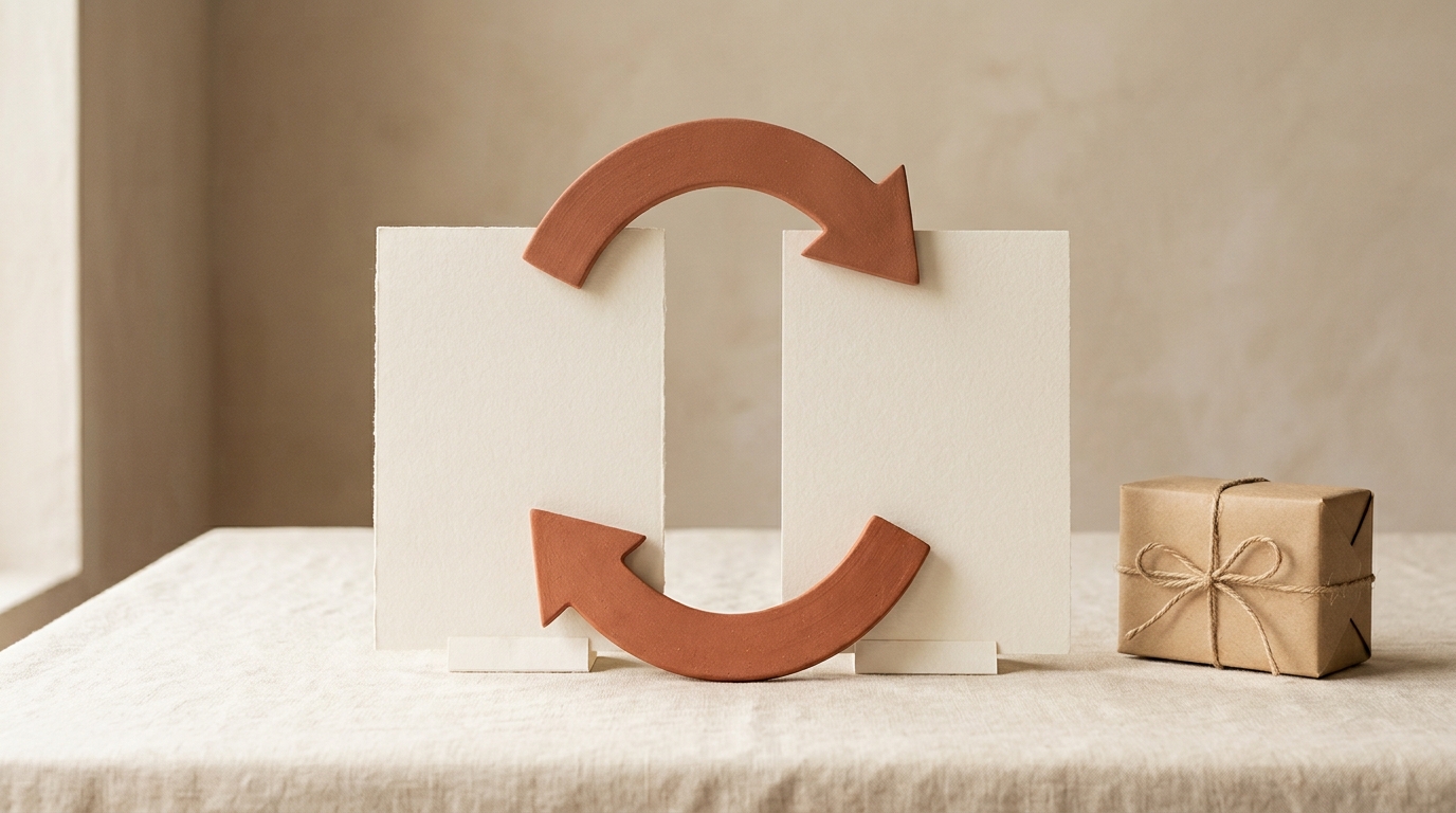 Two ivory browser-shaped cards are joined by terracotta arrows in a circular loop beside a small kraft parcel on a cream tabletop.
