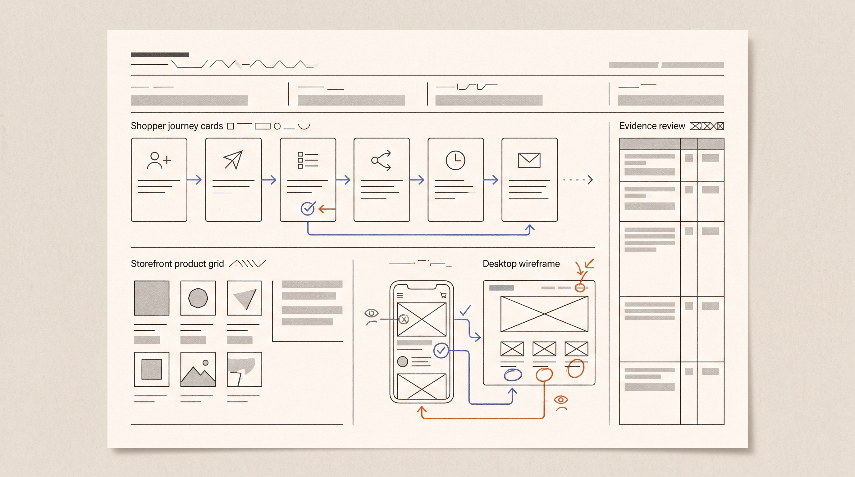 An editorial testing worksheet with shopper goals, storefront task cards, mobile and desktop frames, and an evidence review column