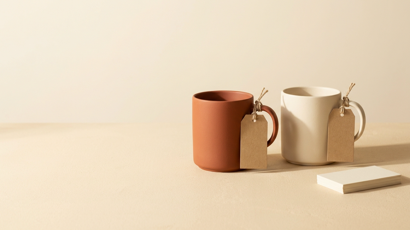A terracotta mug and an ivory mug carry separate kraft tags beside a stack of inventory cards on a warm cream tabletop.