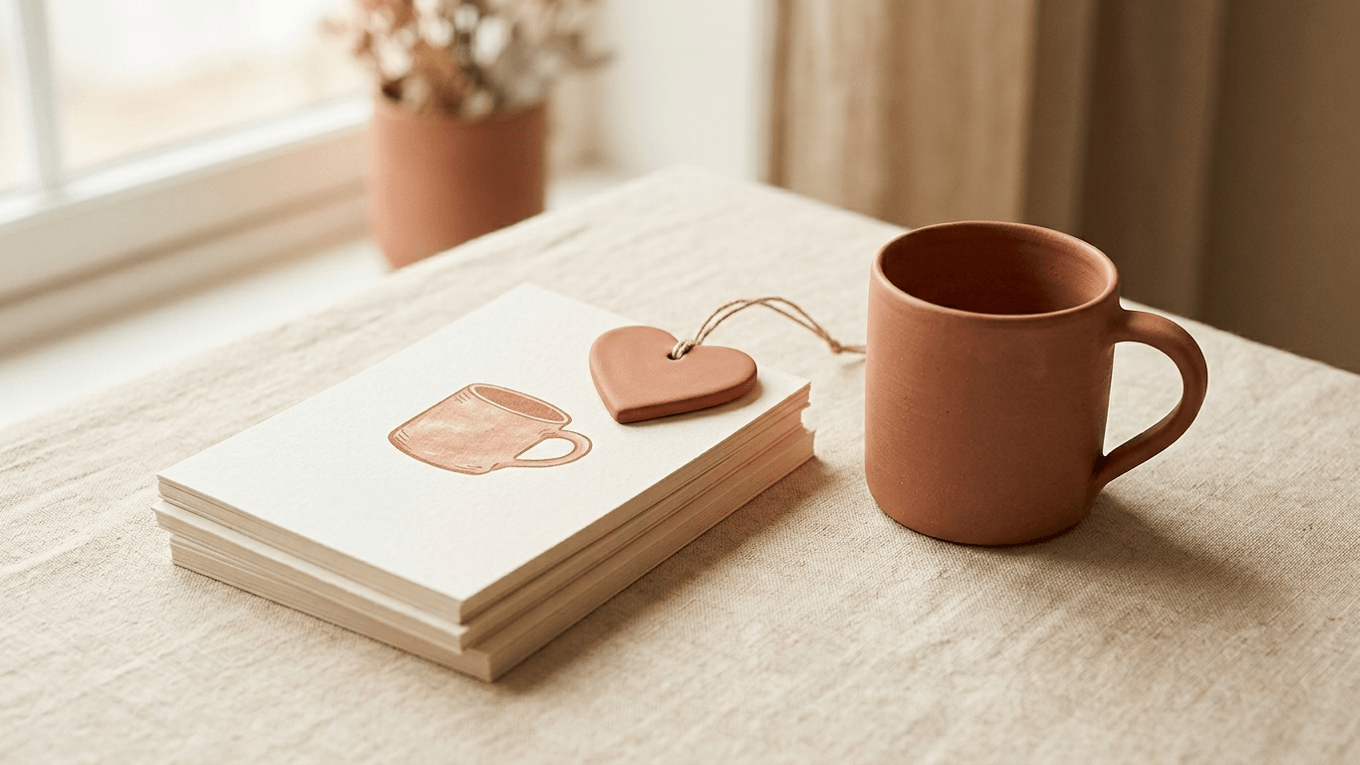 Cream product cards with a terracotta heart bookmark sit beside a ceramic mug on a warm cream tabletop.
