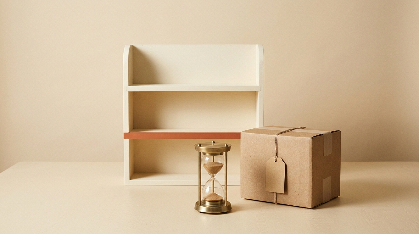An empty ivory stock shelf stands beside a kraft shipping box and a brass hourglass on a warm cream tabletop.