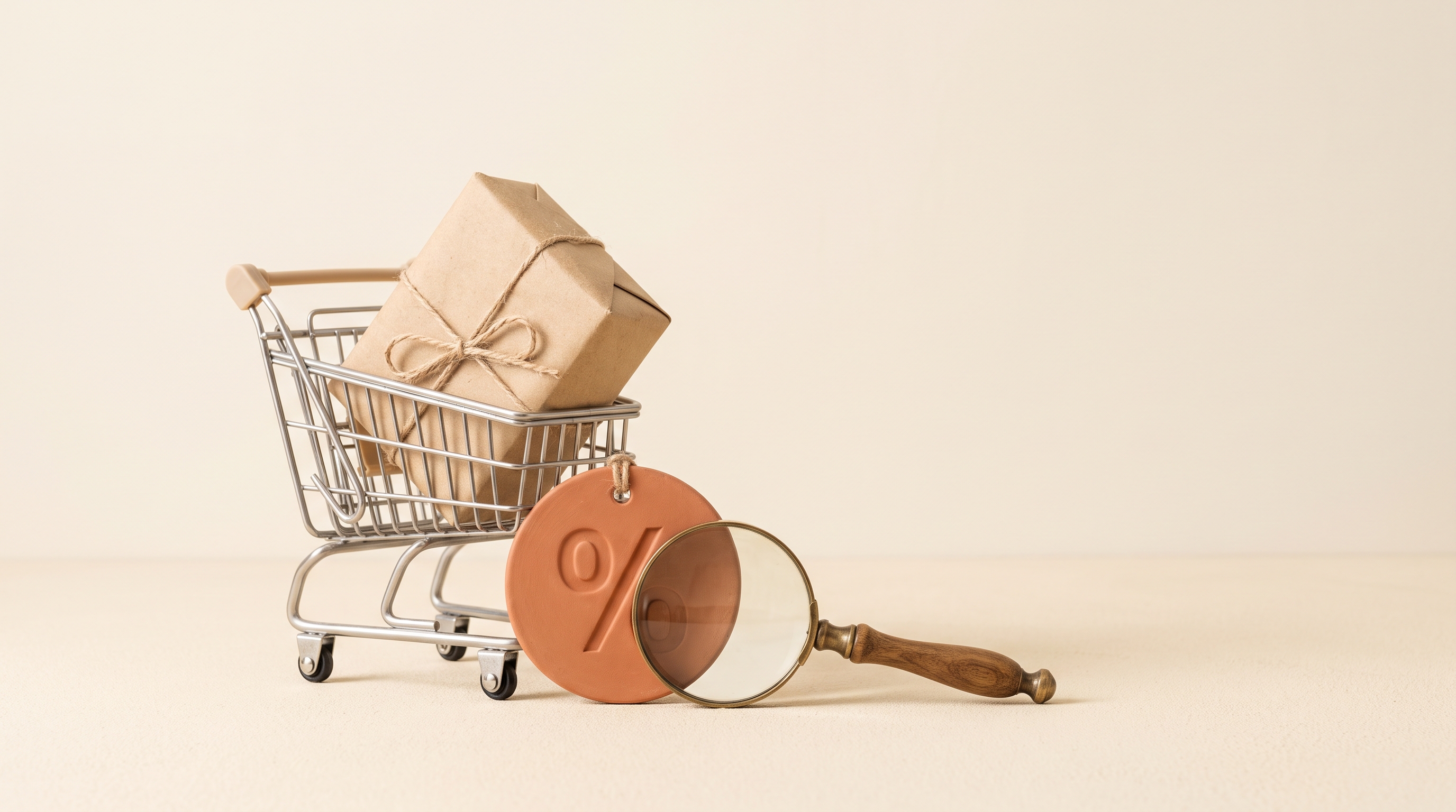 A metal shopping cart holds a kraft parcel beside a terracotta percent tag and a brass magnifying glass on a warm cream tabletop.