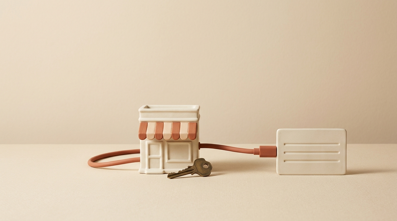 An ivory storefront with a terracotta awning connects to a data card beside a brass key on a warm cream tabletop.