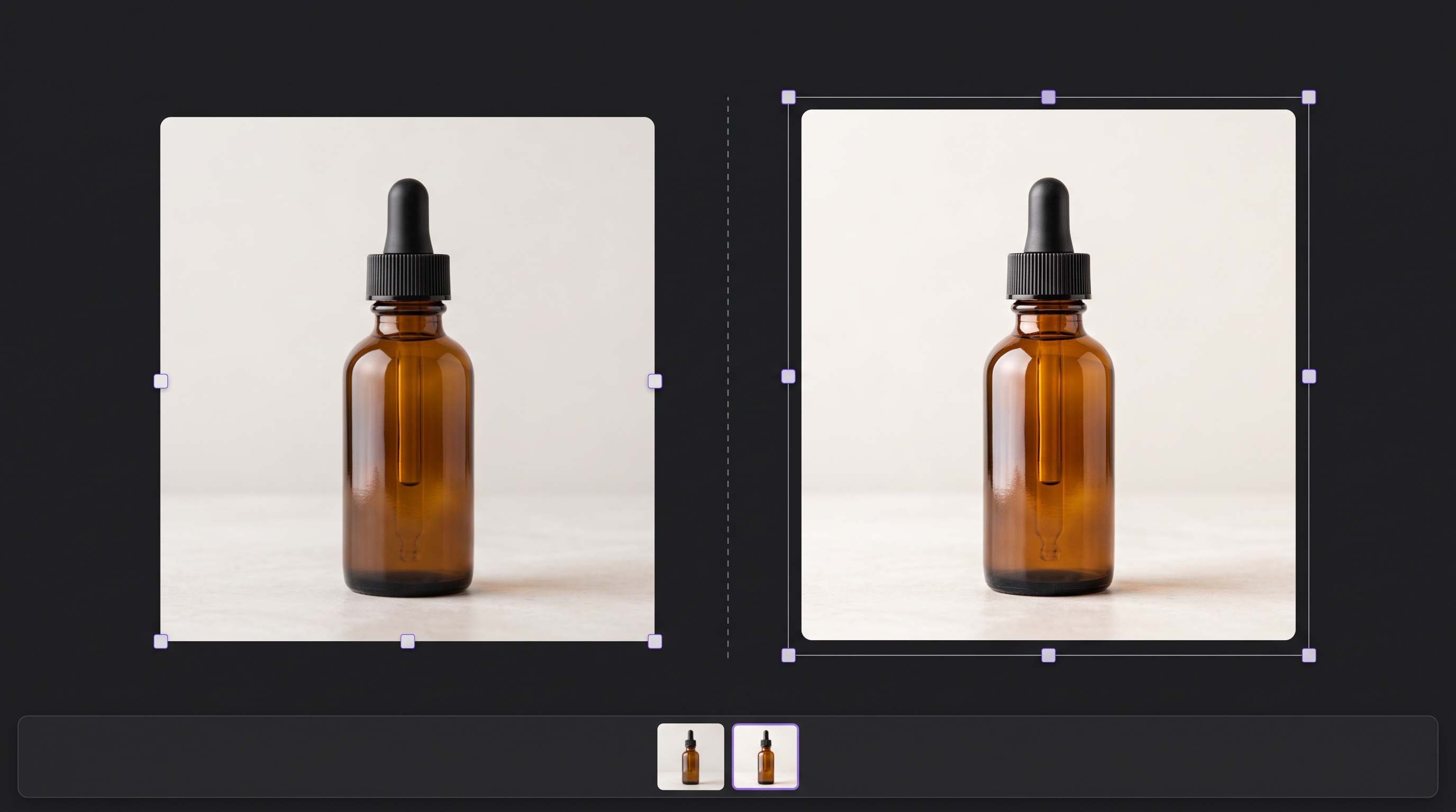 An original product photo and its edited version arranged side by side on a dark review canvas