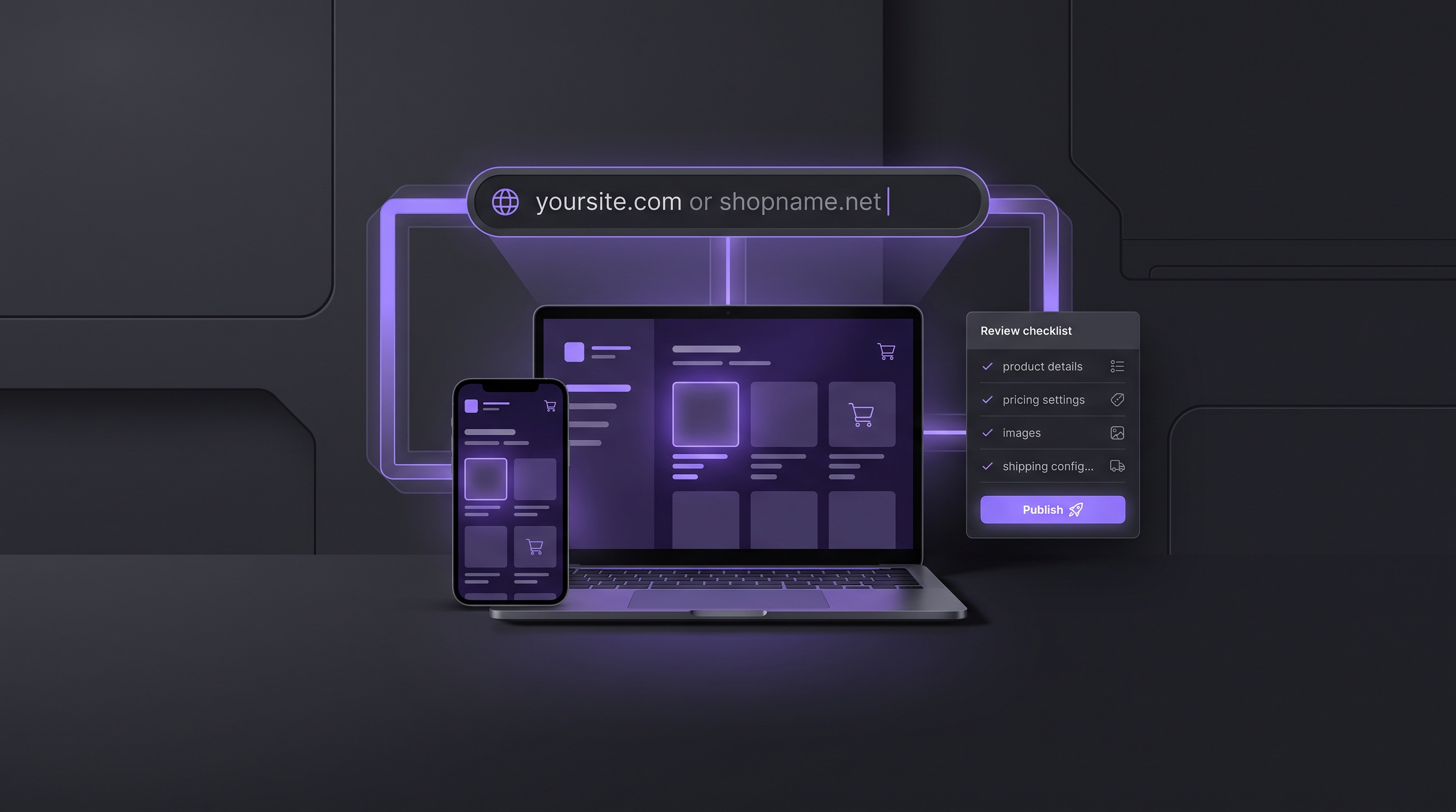 Un negozio ecommerce verificabile mostrato su laptop e dispositivi mobili, con controlli per dominio e pubblicazione