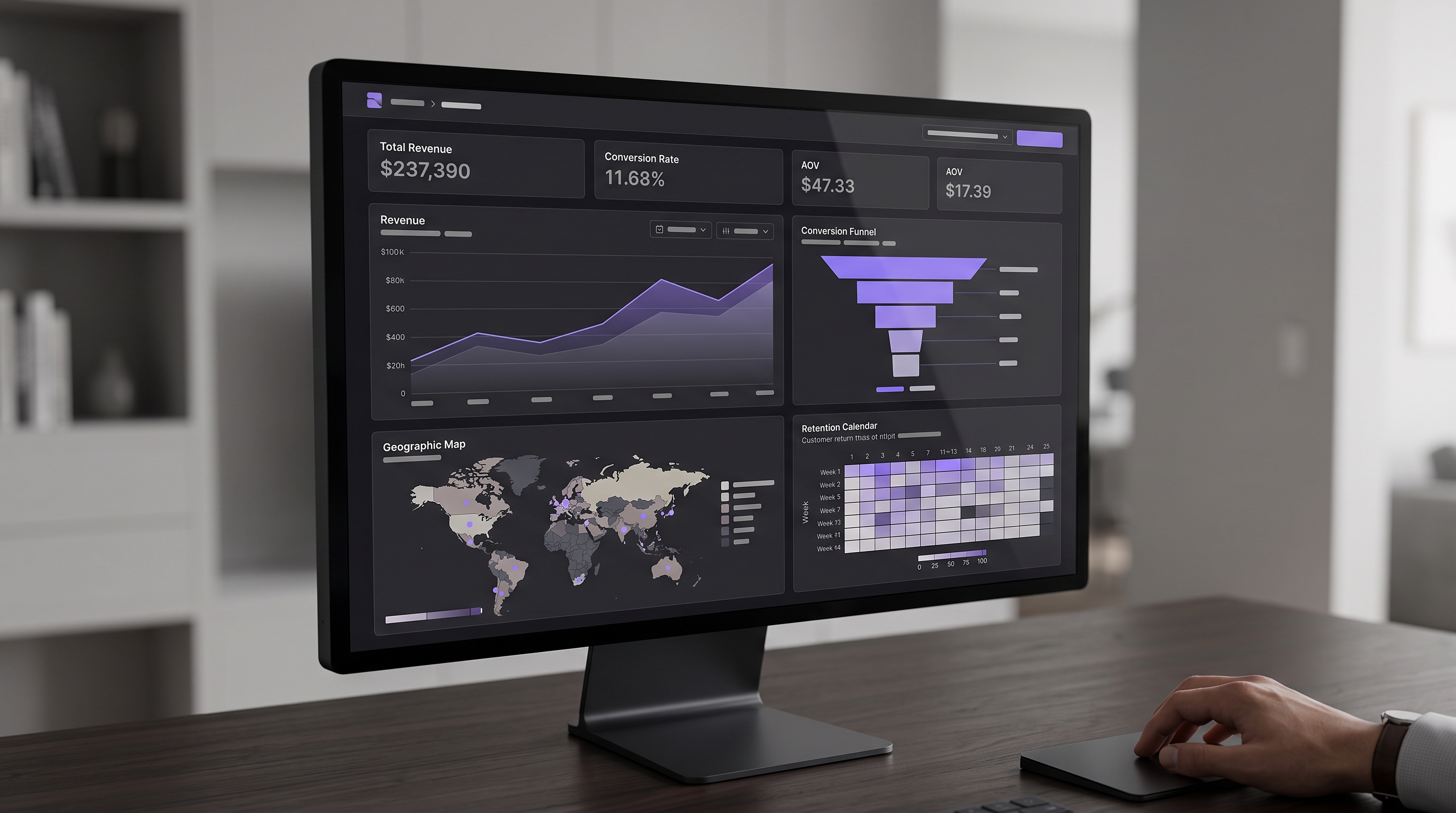 Panel analítico de una tienda con vistas de tendencias, embudo, mapa y retención listas para revisar