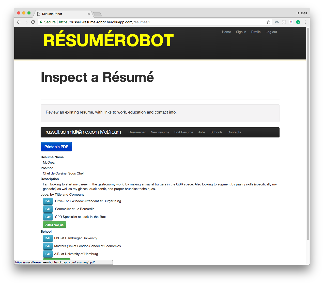 Resume Robot Edit Screen