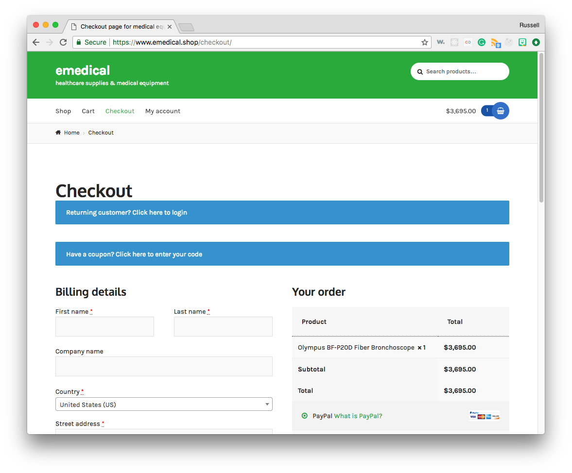 emedical checkout page