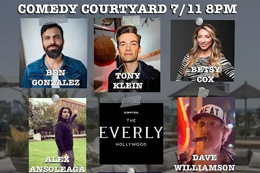 Welcome to the Comedy Courtyard at The Everly Hollywood! Get ready to laugh your socks off at this hilarious event taking place at the Kimpton Everly Hotel. Join us for a night of side-splitting comedy in a beautiful outdoor setting. Sit back, relax, and enjoy some of the best comedians in town as they tickle your funny bone. Don't miss out on this unforgettable evening of laughter and fun! We have comics from Netflix, HBO, Comedy Central..etc.