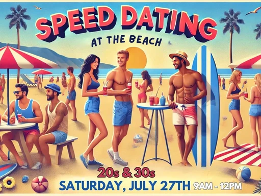 Speed Dating at the Beach (20s & 30s)
Looking for a fun and unique way to meet new people? Join us for an exciting Speed Dating event at the beautiful Santa Monica Beach!
Date: Saturday, July 27th
Time: 9:00 AM - 11:30 AM
Casual Atmosphere: Enjoy a relaxed setting with the sound of the waves and the warmth of the sun.
Meet New People: Engage in short, friendly conversations with other singles.
Fun Beach Vibes
Please bring a towel or chair for sitting!
Don’t miss out on this unique opportunity to meet new people in a beautiful beach setting. Whether you're looking for friendship, romance, or just a good time, this event is the perfect place to start!