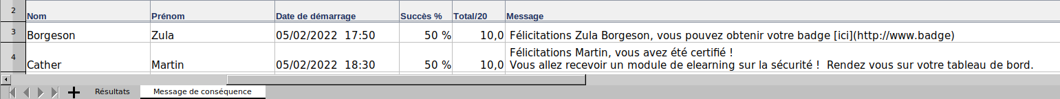 Exemple d'export de messages de conséquences.