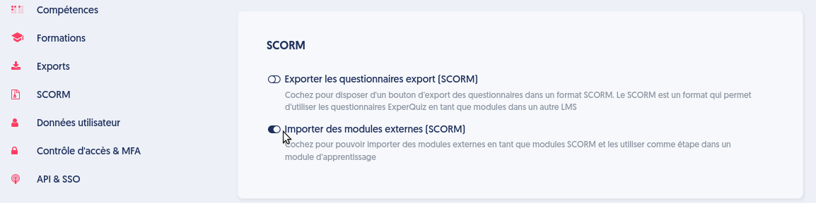 Activer la fonctionnalité d'export/import SCORM ExperQuiz