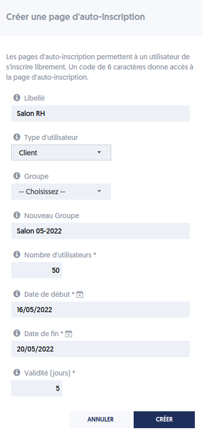 Créer une page d'auto-inscription avec code.