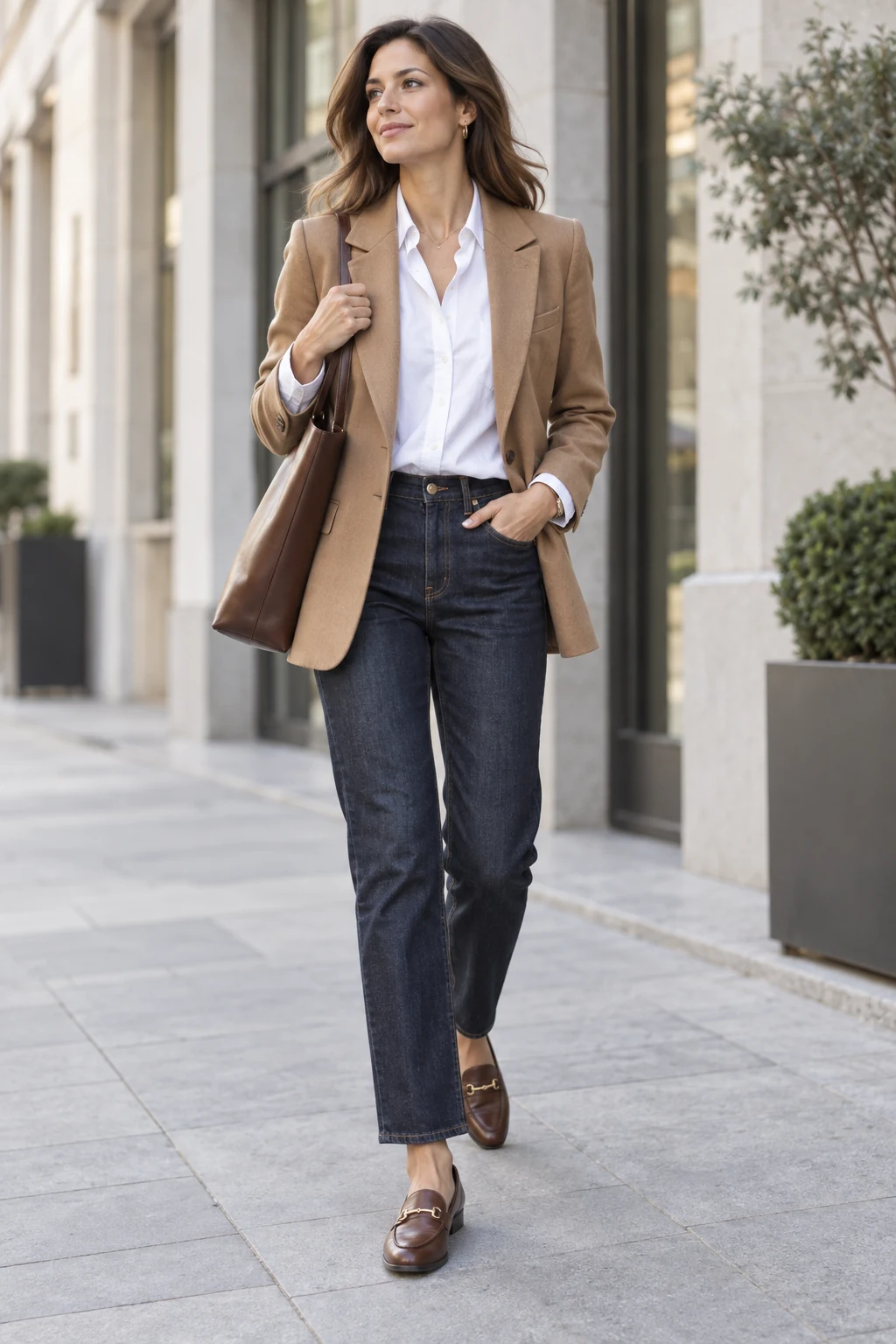 Camel Blazer and Dark Jeans Outfit: camel blazer, white shirt and dark jeans in camel, white and indigo.
