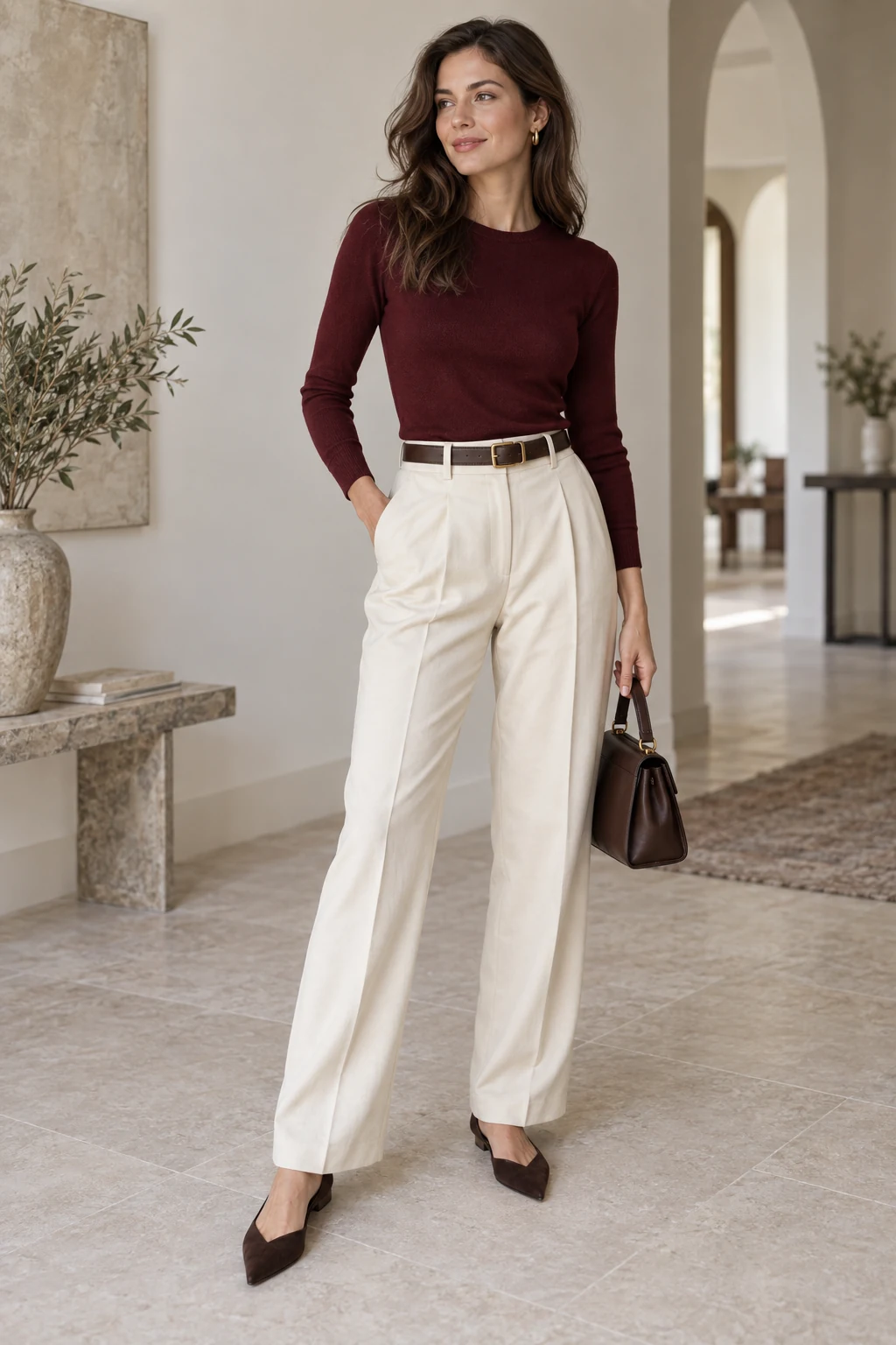 Burgundy Knit and Cream Trousers Outfit: burgundy fine knit, cream trousers and chocolate belt in burgundy, cream and chocolate.