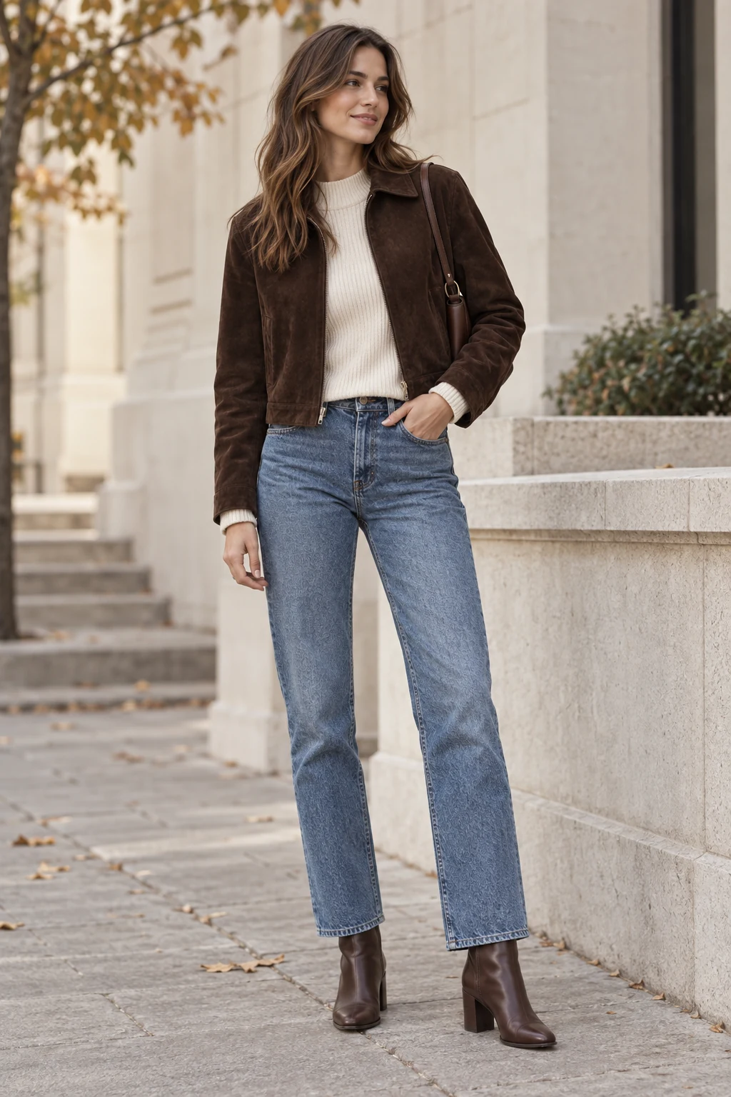 Chocolate Suede Jacket and Blue Jeans Outfit: cropped chocolate suede jacket, ivory knit and blue jeans in chocolate, ivory and blue.