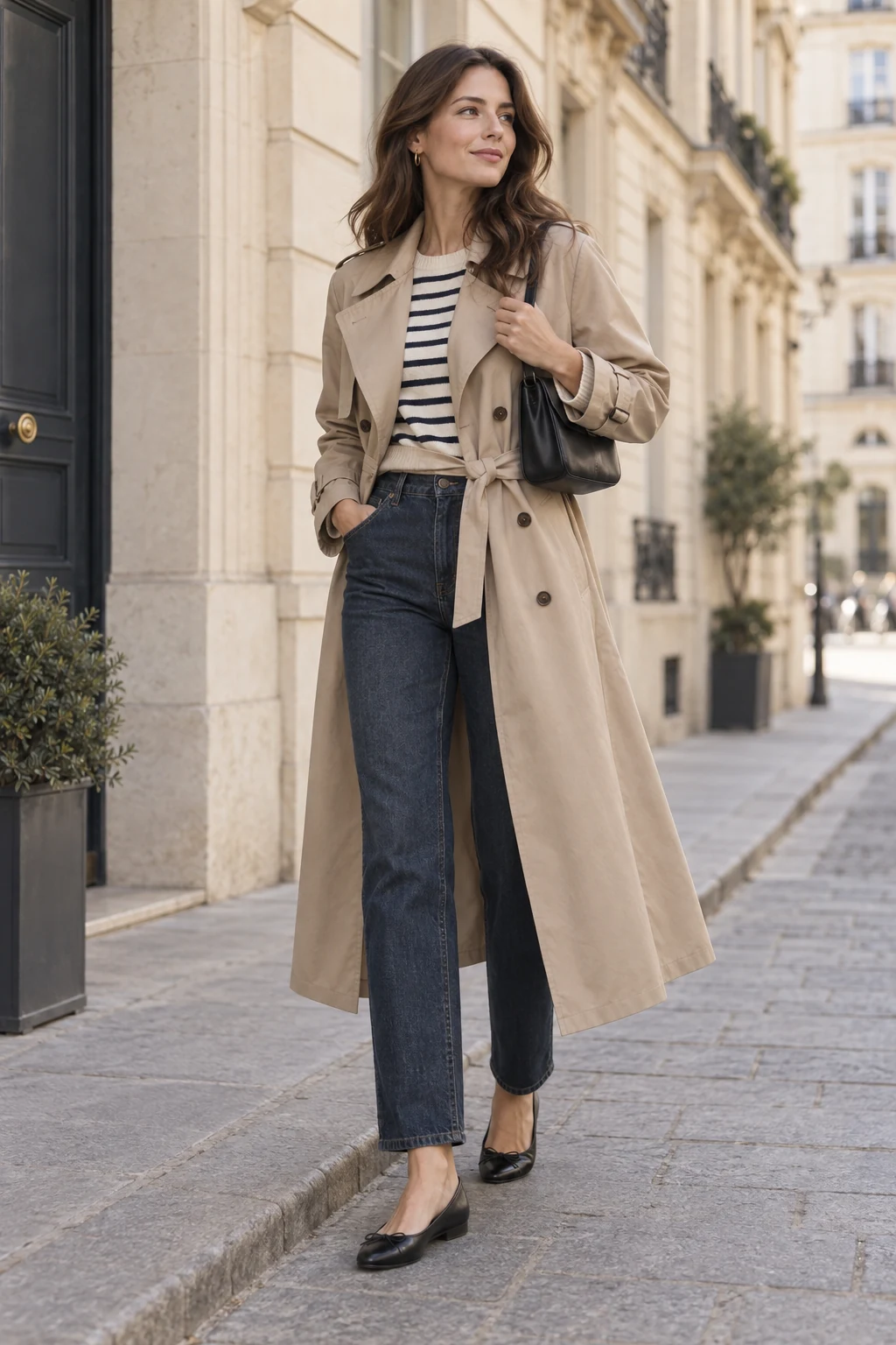 Beige Trench and Striped Knit with Jeans Outfit: beige trench, navy and cream striped knit and dark jeans in beige, navy, cream and indigo.