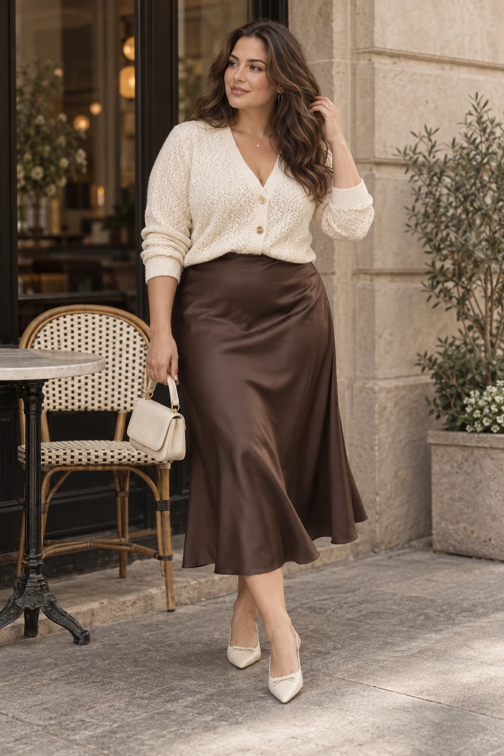 Cream Cardigan and Chocolate Satin Skirt Outfit: cream cardigan, chocolate satin midi skirt and low cream heels in cream and chocolate.
