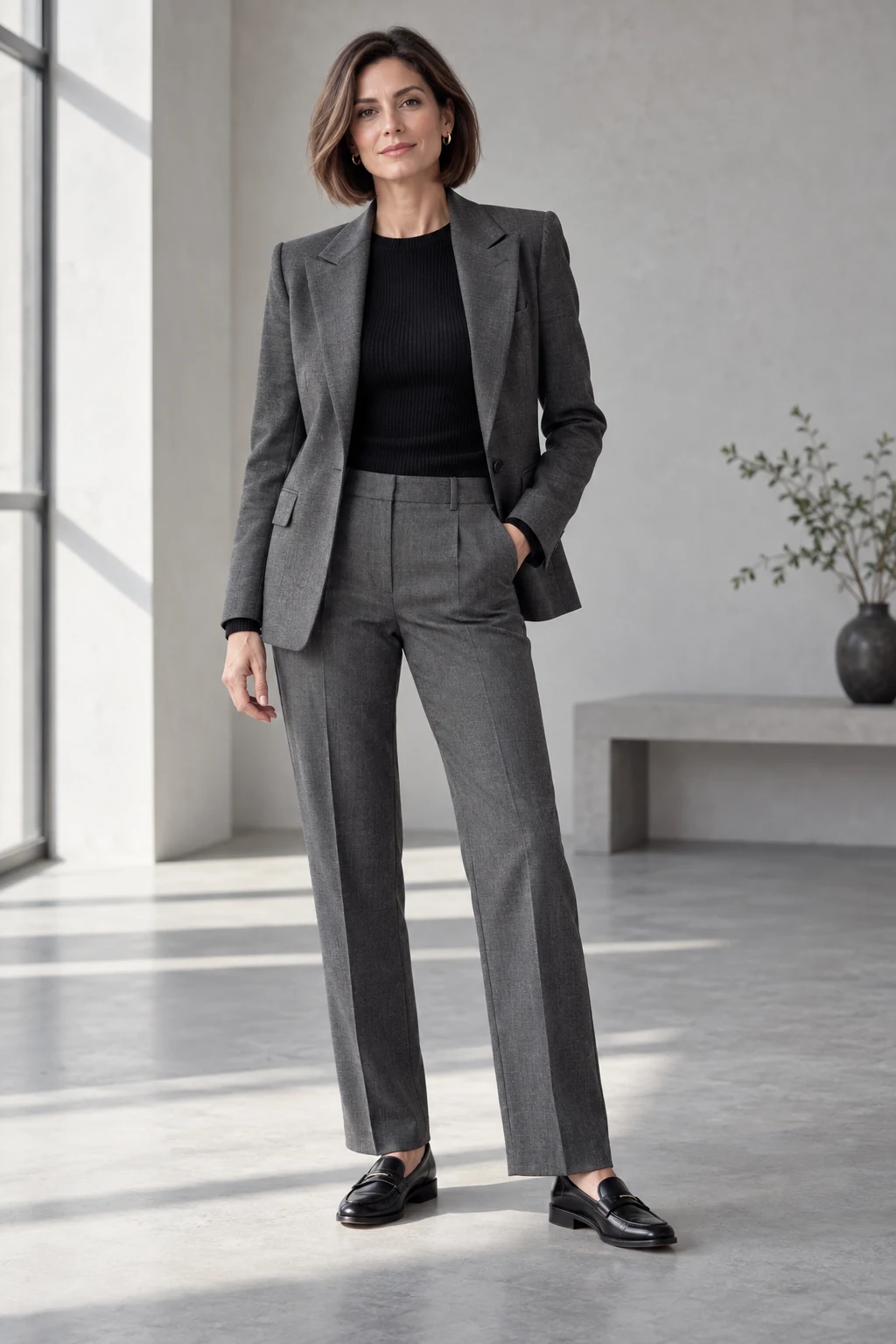 Charcoal Suit and Black Knit Outfit: charcoal blazer, charcoal tailored trousers and black knit in charcoal and black.