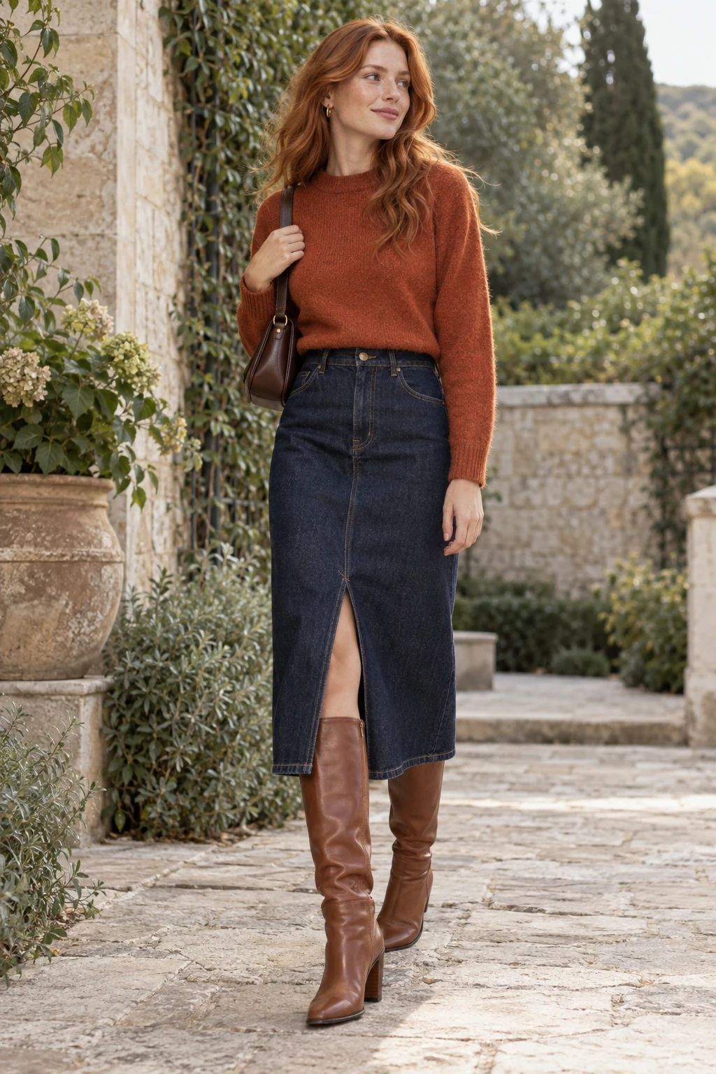 Rust Knit and Dark Denim Midi Skirt Outfit: rust knit, dark denim midi skirt and tall cognac boots in rust, indigo and cognac.