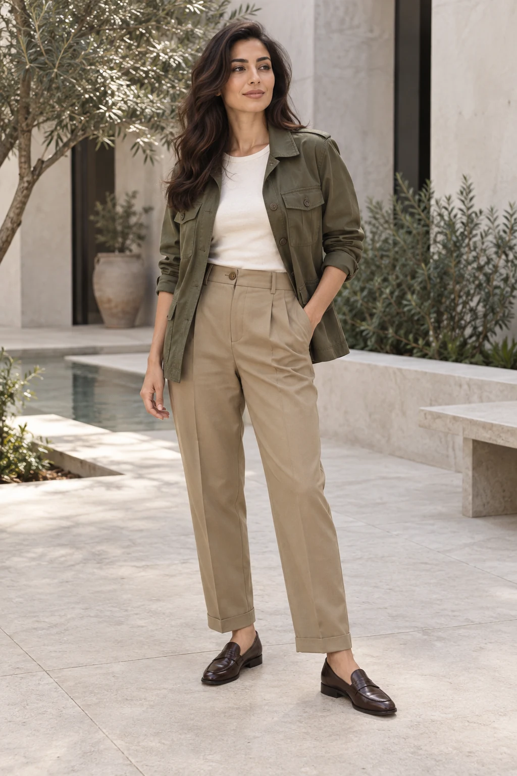 Olive Utility Jacket and Khaki Trousers Outfit: olive utility jacket, cream tee and khaki tailored trousers in olive, cream, khaki and brown.