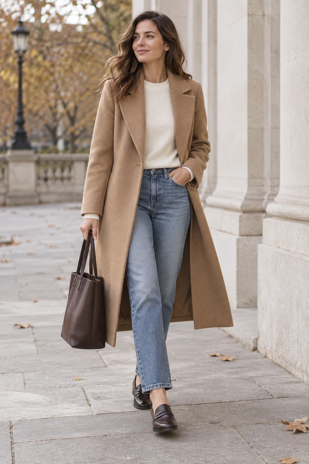 Camel Coat and Cream Sweater with Jeans Outfit: long camel coat, cream sweater and straight blue jeans in camel, cream, blue and brown.