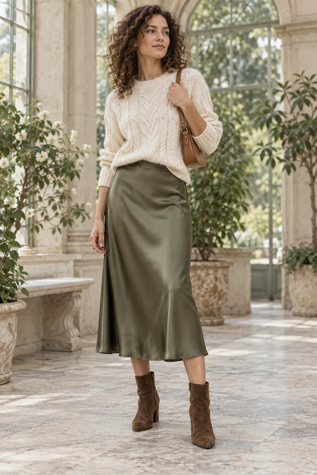 Cream Cable Knit and Olive Satin Skirt Outfit: cream cable-knit sweater, olive satin midi skirt and brown suede ankle boots in cream, olive, tan and brown.