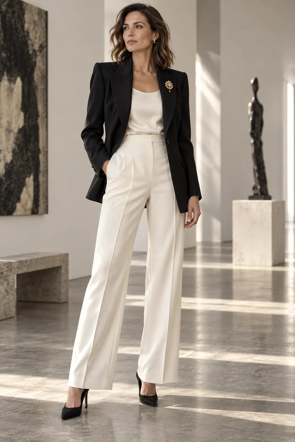 Sculpted Black Blazer and Ivory Trousers Outfit: sculpted black blazer, ivory shell top and ivory trousers in black, ivory and gold.