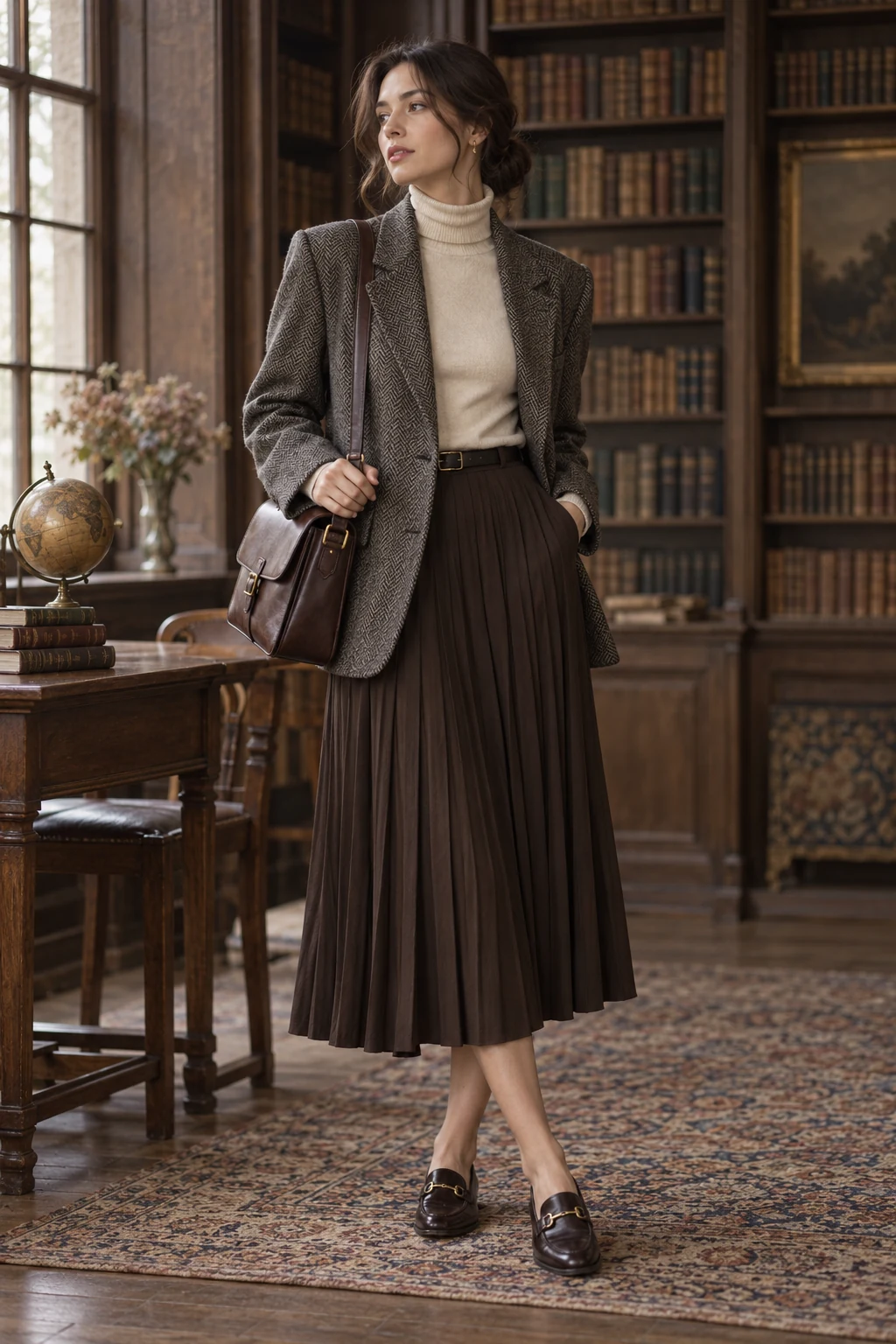 Herringbone Blazer and Brown Pleated Midi Skirt Outfit: charcoal herringbone blazer, cream turtleneck and dark brown pleated midi skirt in charcoal, cream and chocolate.