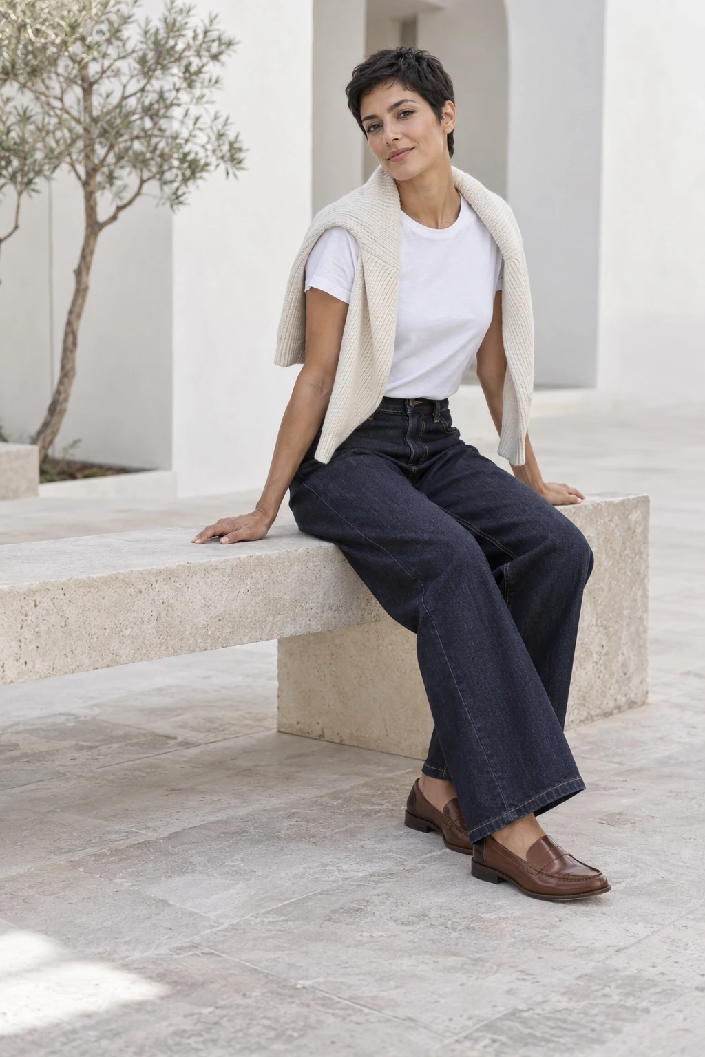 Dark Wide-Leg Jeans with a White Tee and Cream Knit: dark wide-leg jeans, white tee and cream knit draped over shoulders in indigo, white and cream.