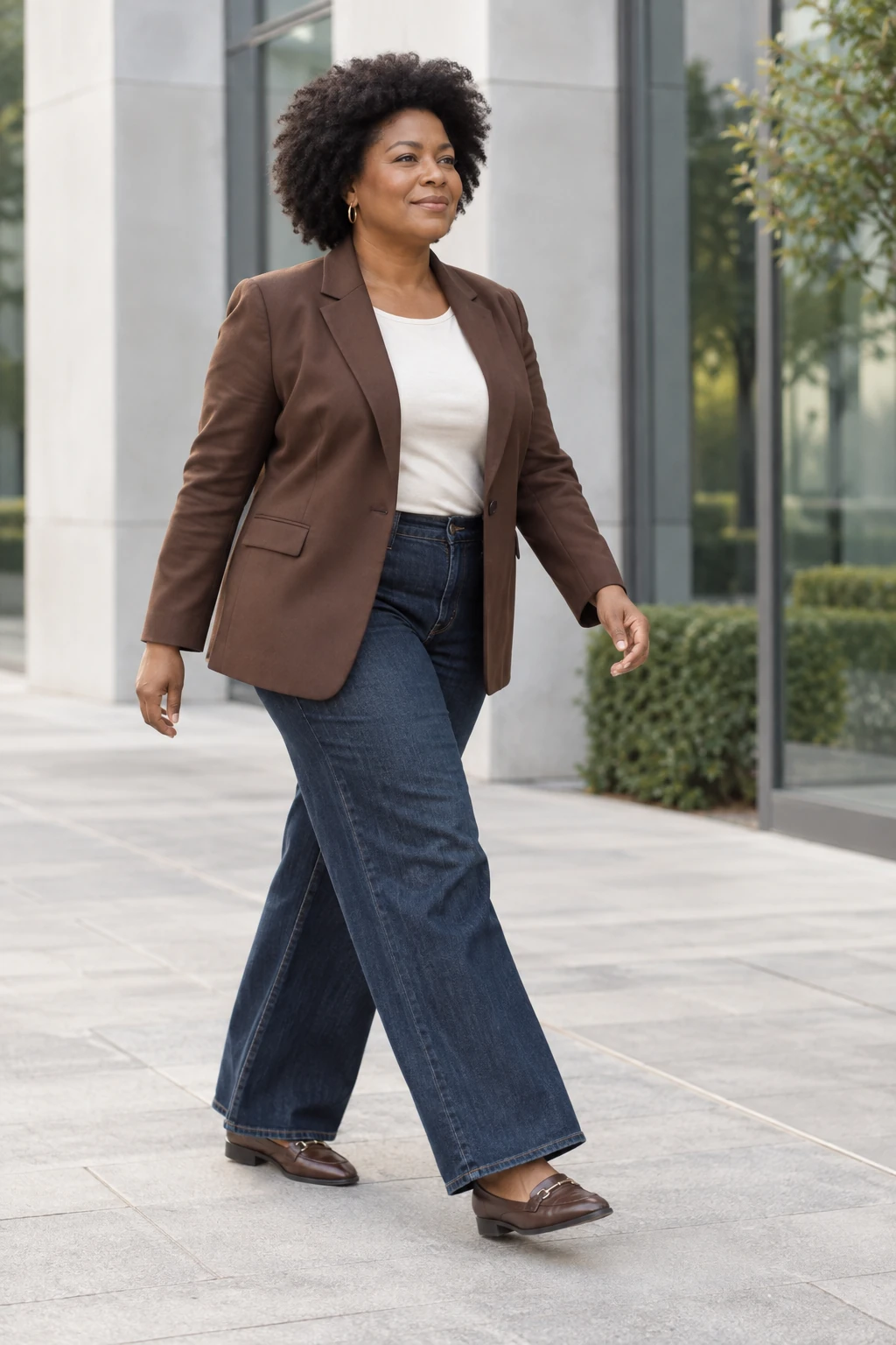 Brown Blazer with Dark Jeans and Loafers: chocolate brown blazer, white tee and dark wide-leg jeans in chocolate, white and indigo.