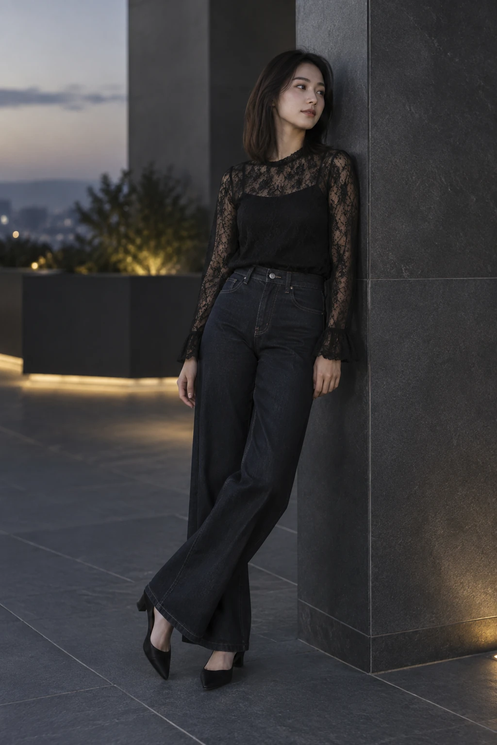 Black Lace Top with Dark Wide-Leg Jeans: black lace top with opaque camisole, dark wide-leg jeans and black low heels in black and indigo.