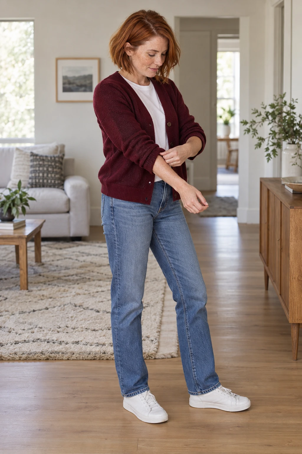 Burgundy Cardigan with Blue Jeans and White Trainers: burgundy cardigan, white tee and blue straight-leg jeans in burgundy, white and blue.