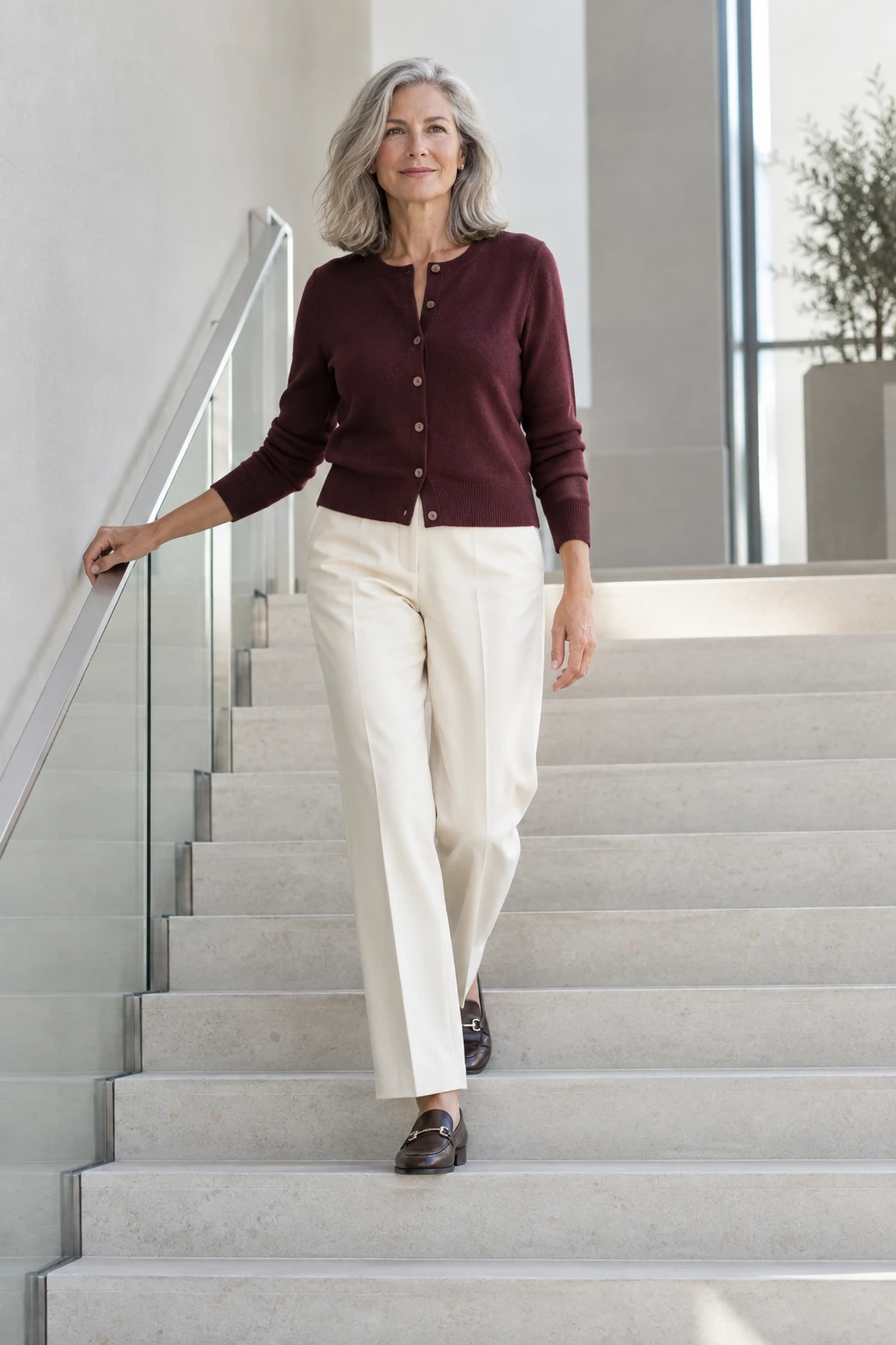 Burgundy Cardigan with Cream Trousers and Loafers: burgundy cardigan, cream trousers and brown loafers in burgundy, cream and brown.