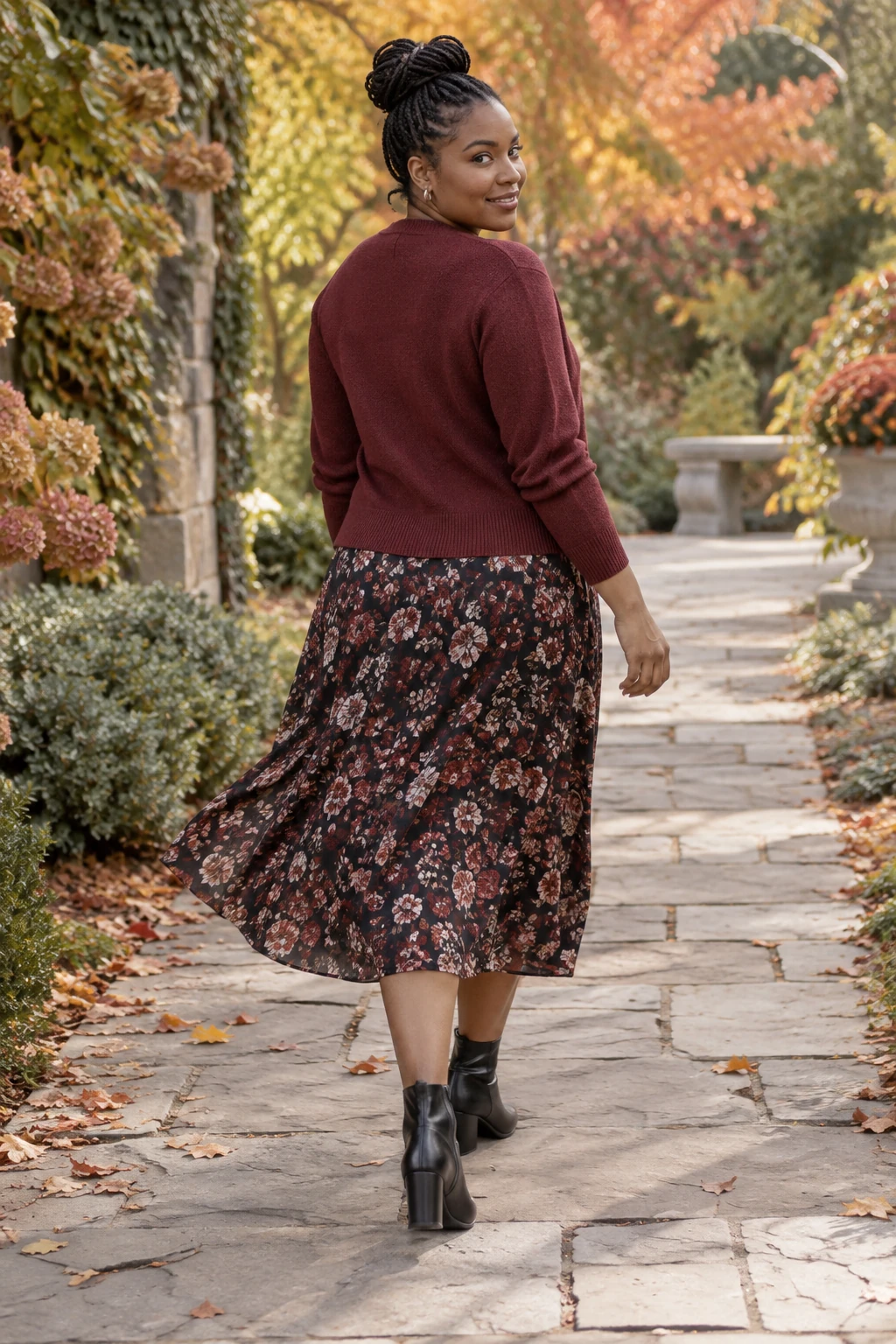 Burgundy Cardigan with a Floral Midi Skirt and Boots: burgundy cardigan, dark floral midi skirt and black ankle boots in burgundy, black and brown.
